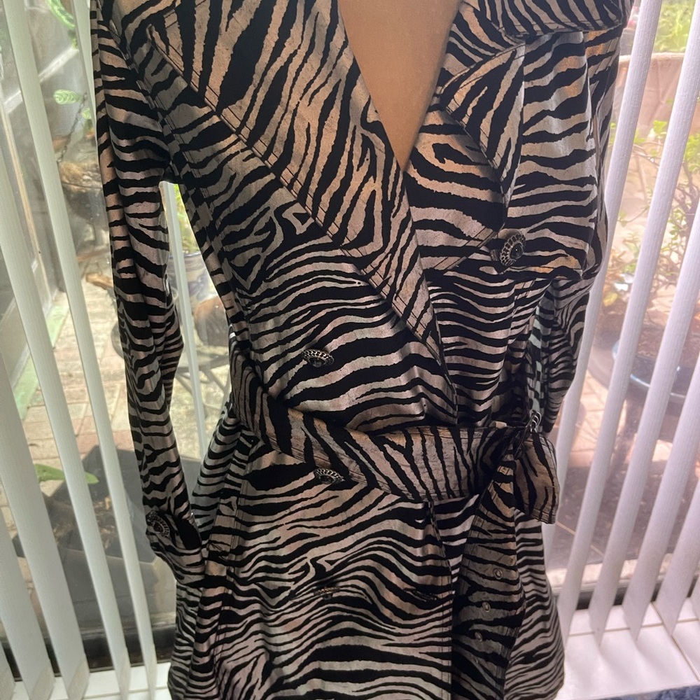 Diane Gilman Black and Cream Zebra-Print Trench Coat